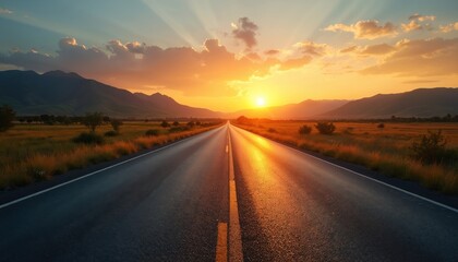 Fototapeta premium Empty asphalt road stretches toward horizon at sunset with mountains. Golden sun rays pierce clouds over green fields and distant hills. Wide open sky.