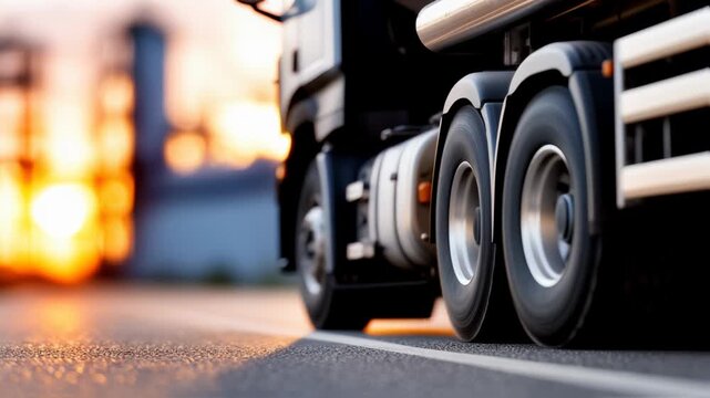 A detailed closeup view of a bright yellow truck expertly driving along a modern industrial roadway