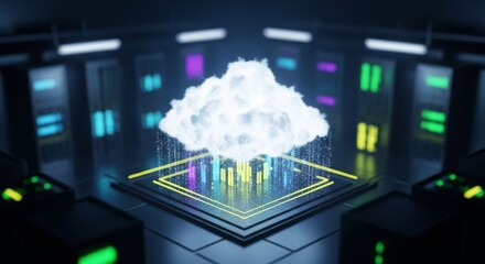 Futuristic data center with a glowing cloud icon hovering above servers, representing cloud computing, digital storage, data management, and advanced technology in a secure IT environment.
