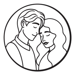 A loving couple embraces in a tender moment, depicted in a clean line art style within a circular frame, isolated on white background the illustration captures the essence of affection and connection