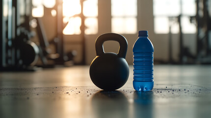 Kettlebell and water bottle for post-workout hydration. Focus on fitness, strength training, and healthy lifestyle in the gym or at home.