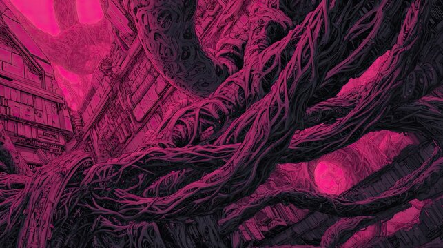 Abstract sci fi background with overgrown roots or tendrils intertwined with futuristic building structures, a dystopian concept for virtual reality.