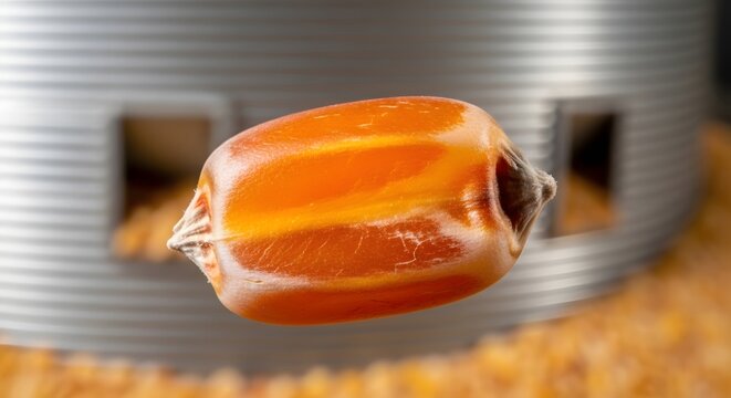 Close-up of a Vibrant Corn Kernel with Metallic Silo Background, Perfect for Agricultural Marketing and Promoting Sustainable Farming Practices