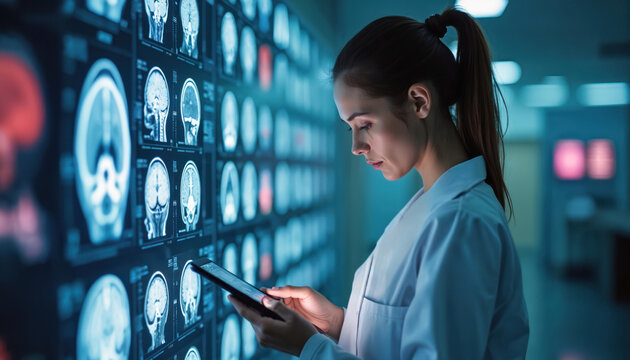 Woman healthcare worker in white lab coat examines brain scans on digital tablet. Medical pro analyzes MRI images on screen in modern hospital clinic setting. Female doctor researcher reviews medical