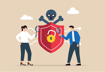 Flat illustration of two people analyzing cybersecurity threats examine risks and identifying vulnerability
