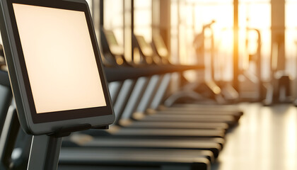 Gym Equipment Screen: Interactive exercise experience with clear display and gym background, rows of treadmills, workout equipment, enhancing fitness session.