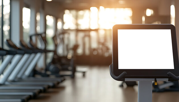 Blank screen on exercise machine in gym. Fitness equipment for workout and training, focus on interactive display. Cardio and wellness concept. - Powered by Adobe