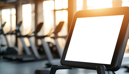 Gym equipment with a blank screen for displays. Treadmills line the back with soft light filling the fitness center. Space to add your own messaging.