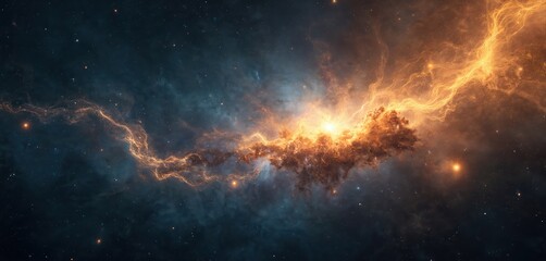 Fototapeta premium Vast cosmic nebula with glowing golden tendrils against deep starry night sky. Fiery gas clouds and stardust swirl in the universe. Celestial gas formation, interstellar dust.