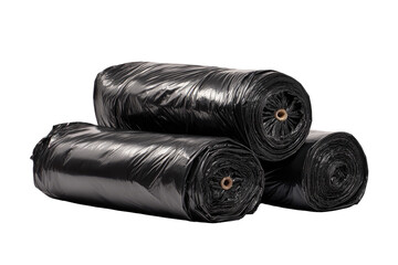Three rolls of black plastic garbage bags stacked