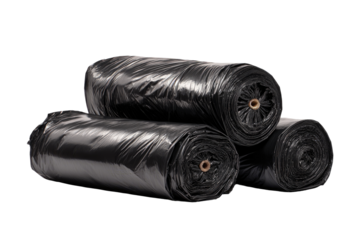 Three rolls of black plastic garbage bags stacked