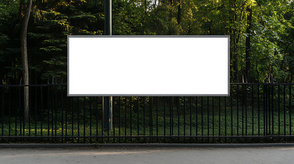 Fototapeta premium Blank billboard near park walkway. Outdoor advertising structure in nature, ready for content. Great for displaying ads or important information.