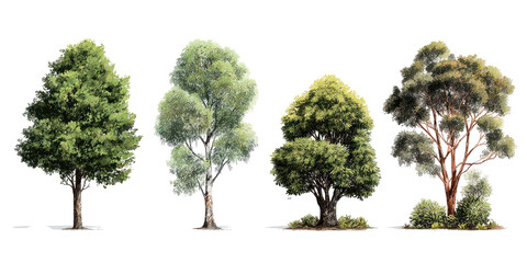 Fototapeta premium Four stylized trees in varying shades of green and brown