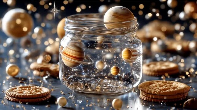Planets in jar composition creative concept with cookies and bokeh