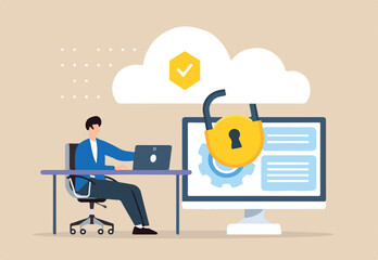 Flat illustration of man implementing cloud computing security protection and safeguarding remote data