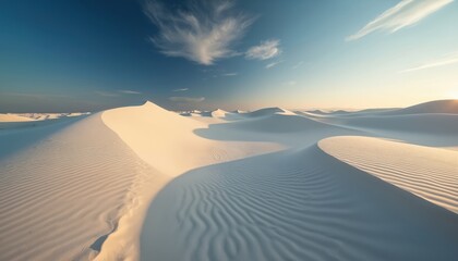 White sand dunes in desert landscape with wavy patterns and ripples. Sandy hills and ridges under blue sky with clouds. Serene and peaceful natural scenery.