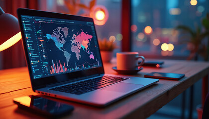 Laptop shows world map with data analytics graphs. Coding on pc monitor. Modern workplace with coffee mug, smartphone on table, window at night. Workspace at home or office.