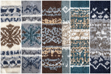 Set of knitted fair isle patterns traditional Nordic designs in various colors perfect for textile and winter wear applications