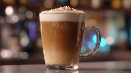Aromatic latte with creamy topping in a glass mug on a bar counter