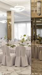 Decoration of a banquet hall. round table with a white tablecloth, table setting, white and green colors, flower arrangement, light space, rose, dahlia, anthurium, necklace, eustoma, cloth napkins