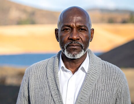 A serious-looking, bald, middle-aged African-American man, with a gray beard and a light gray sweater, posed outdoors. He is centered, with a serene background