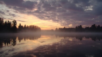Serene sunset over calm lake with mist and reflections in tranquil nature setting