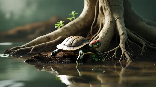Small turtle emerges from water near large tree roots and lush greenery tortoise reptile