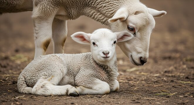 Adorable young lamb rests peacefully beside its protective mother sheep in a tender, heartwarming farm scene