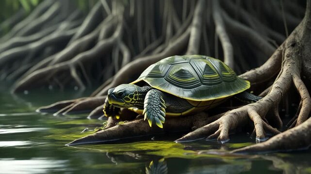 Turtle resting on a branch near tangled mangrove roots and dark water tortoise reptile