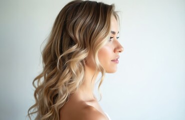 Young woman with long wavy blond hair and balayage highlights. Her hair falls softly. Profile shot of female with elegant hairstyle on white background. Beauty and hair salon services concept.
