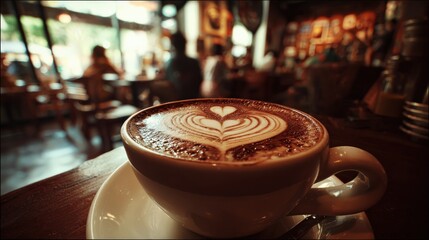 Delicious coffee cup with heart latte art in cozy cafe setting