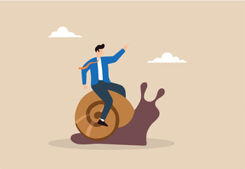 Flat illustration of businessman ride slow snail symbolizing inefficiency and losing business competition