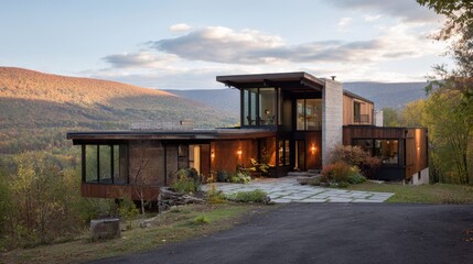 Modern rustic house in scenic mountain landscape with large windows and autumn foliage