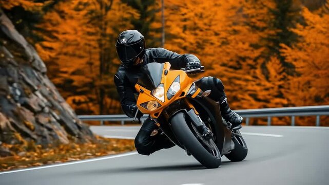 A motorcycle rider leans into a sharp curve Orange autumn leaves surround the winding road A thrilling adventure unfolds on the open asphalt
