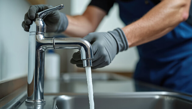 Close up plumber fixes faucet with running water. Professional in gloves repairs tap, checks flow. Home master services, maintenance job. Plumbing solution at kitchen, water flows to sink.