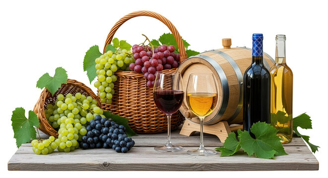 Wine glass, barrel, bottles, and grape basket. Wine-making and harvest concept on a wooden table against a white background.