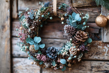 Festive Christmas wreath with pine cones and ornaments rustic holiday decoration perfect for seasonal greetings and home decor