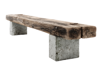 Rustic wooden park bench supported by concrete blocks
