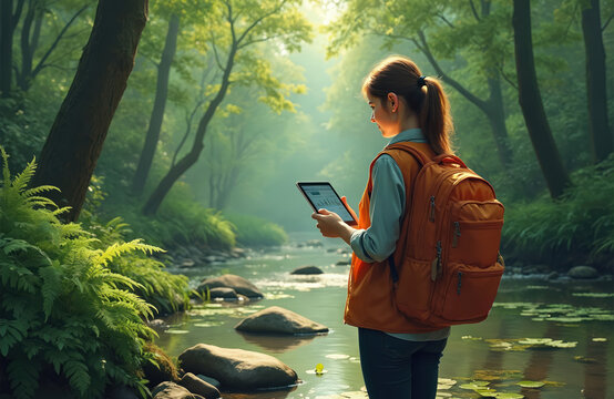 Woman in orange safety vest stands by serene stream in rich forest. She uses tablet to explore nature. Green environment is ideal for outdoor work and research.