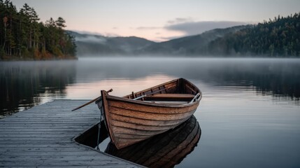 Obraz premium Serene wooden boat on tranquil lake at dawn with misty background