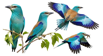 Naklejka premium European Roller collage. Flying and perched, bright blue and brown exotic birds.