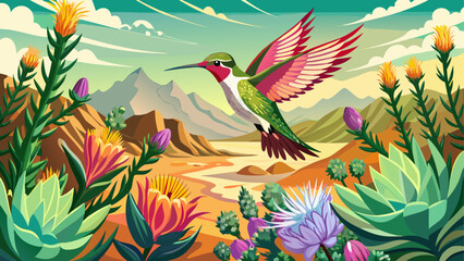 Very beautiful female Ruby-throated Hummingbird (Archilochus colubris) in mid-flight feeding on the delicate pink blossoms of a Desert Willow (Chilopsis linearis) in Hill Country, Texas, USA, during 