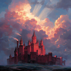 Fantasy Castle at Sunset: Enchanting Medieval Architecture in a Dramatic, Vibrant Skyline Landscape