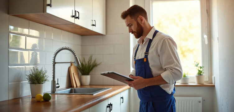 Plumber examines kitchen plumbing. He wears work overalls. Handyman holds clipboard reviewing inspection details. Professional performs home repair and maintenance in residential setting near sink.