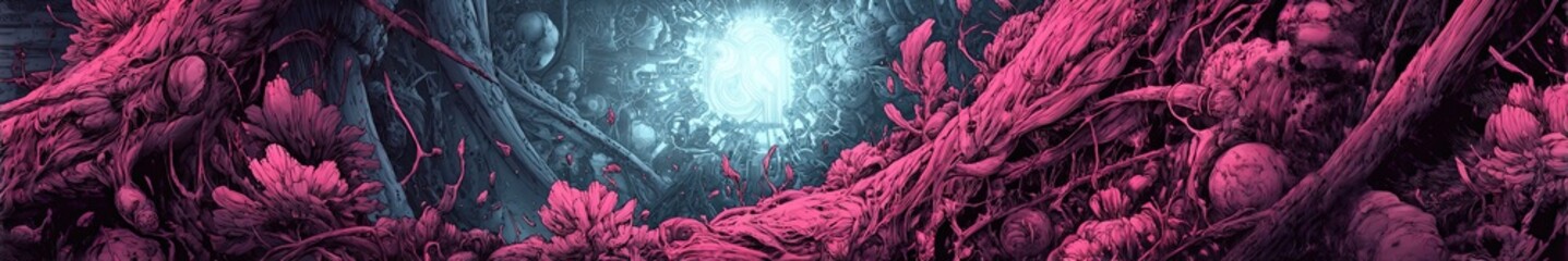 Abstract alien landscape with organic pink forms and glowing light in detailed comic book style. Mystical sci-fi background for fantasy concept.