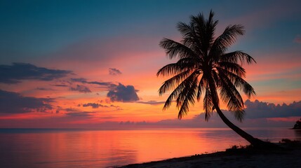 Tropical palm tree silhouette against vibrant sunset beach calm ocean horizon exotic vacation mood