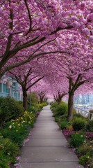 Pathway under blooming cherry blossoms in urban spring landscape