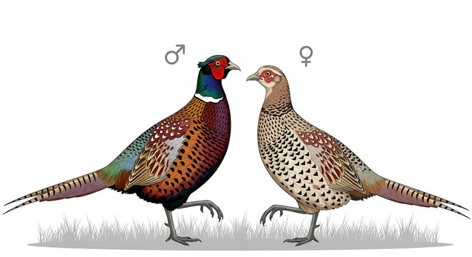 Collage of male and female pheasants (Phasianus colchicus) with beautiful plumage.