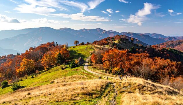 A scenic shot of rolling green hills dotted with trees showcasing vibrant autumn foliage, with mountains in the distance and a clear blue sky