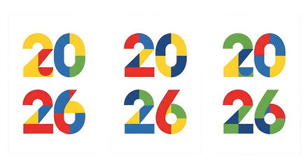 Three colorful designs displaying the year twenty twenty six in a geometric and modern style art format ai generative